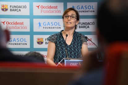 La ministra de Sanidad, Mónica García, este miércoles durante la presentación del estudio sobre obesidad infantil. 