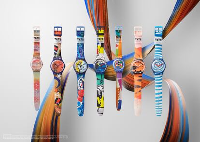 Los siete relojes de la nueva entrega de Swatch Art Journey junto a la Tate Gallery.