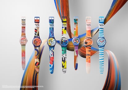 Los siete relojes de la nueva entrega de Swatch Art Journey junto a la Tate Gallery.