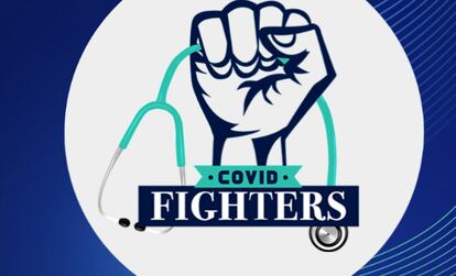 Logo de la asociacion CovidFighters, cuyo lema es "¿Qué sería de los superhéroes sin sus ayudantes?"
