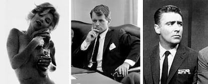 De izquierda a derecha, la actriz Marilyn Monroe en su última sesión de fotos, Robert F. Kennedy y el actor Peter Lawford.