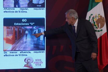López Obrador explica la distibución de elementos de la Guardia Nacional en las estaciones del Metro de Ciudad de México, durante su conferencia mañanera de este viernes.