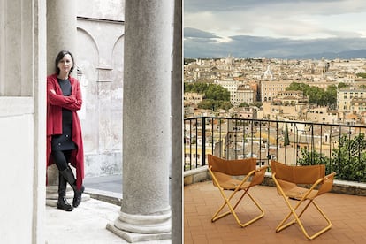 Ángeles Albert, directora desde 2015, en el templete de Bramante (s. XVI), una de las joyas del edificio. Al lado, las vistas de Roma desde una de las terrazas de la Academia.