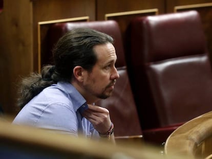 El líder de Podemos, Pablo Iglesias, en el Congreso de los Diputados de Madrid. 
 