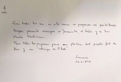 Un mensaje del Papa a los seminaristas: "Que todos los que en esta casa se preparan al presbiterado tengan presente siempre a Jesucristo, el Señor y a Su Madre Santísima. Que ellos los preparen para ser pastores del pueblo fiel a Dios y no «Clérigos del Estado»"