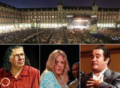 Arriba, concierto de Daniel Barenboim en la plaza Mayor en el verano de 2007. Abajo, de izquierda a derecha, Chick Corea, Diana Krall y José Menese.