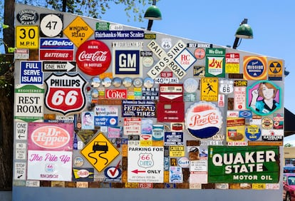 Old license plates and road signs on Central Ave in Albuquerque.