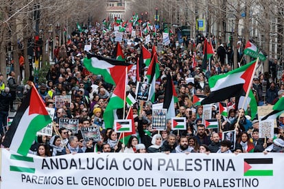 Centenares de personas participan en la marcha en apoyo a Palestina, este sábado por las calles de Granada.