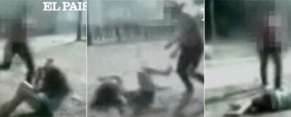 Tres fotogramas del vídeo en el que se ve cómo la agresora propina patadas y golpes a la chica ecuatoriana, que permanece en el suelo.