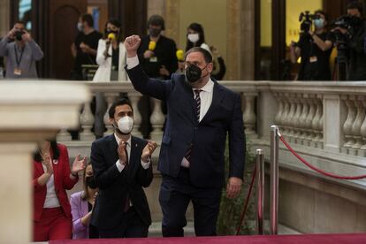 Oriol Junqueras a su llegada al Parlament para asistir a la investidura de Aragonès el pasado 21 de mayo.