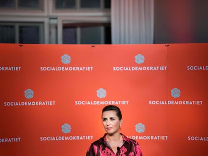 La primera ministra danesa, Mette Frederiksen, en una intervención la noche de los comicios, el día 1.