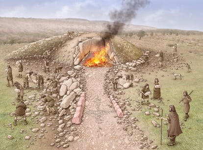 Reconstrucción del dolmen de El Pendón, en Reinoso (Burgos).