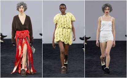 Tres modelos del desfile de la nueva colección de J.W. Anderson, el domingo 18 de febrero en la semana de la moda de Londres.