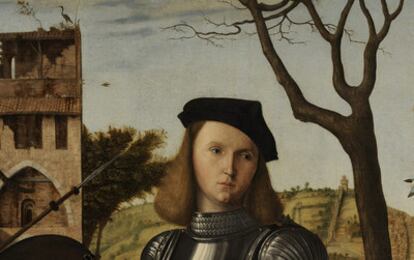 Imagen de la pintura completa <i>Joven caballero en un paisaje</i>, de Carpaccio.