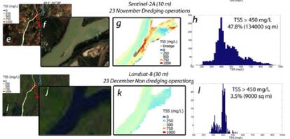 Imágenes de la investigación sobre el uso del 'Sentinel' para el seguimiento de los efectos de un dragado. Arriba, datos obtenidos con el satélite del programa Copérnico. Abajo, otra obtenida por satélites más antiguos y de baja resolución.