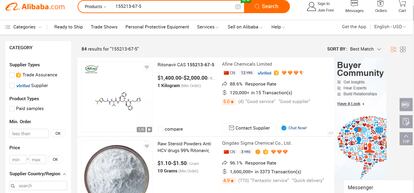 Captura de pantalla de las ofertas de ritonavir en Alibaba.