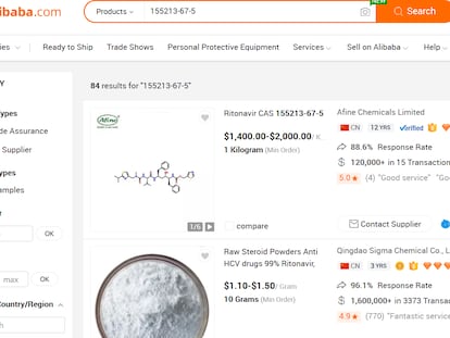 Captura de pantalla de las ofertas de ritonavir en Alibaba.