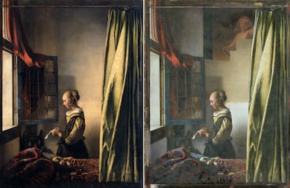 A la izquierda, la 'Muchacha leyendo una carta', de Johannes Vermeer, pintada hacia 1657 y expuesta en la Gemäldegalerie Alte Meister de Dresde, antes de que se destapase el Cupido. A la derecha, el mismo cuadro con el Cupido parcialmente destapado.