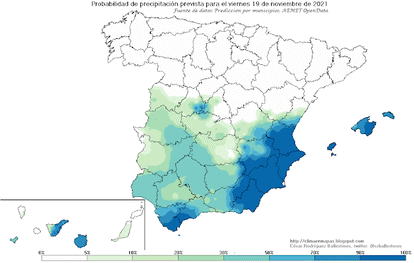 Mapas con la probabilidad de precipitación en España de viernes a miércoles. Las cruces rojas son nieve.