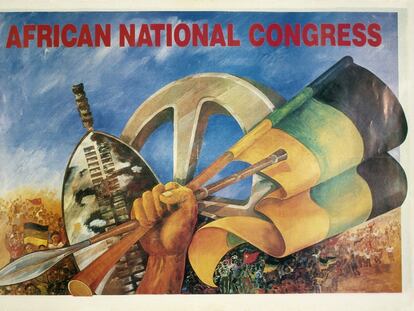 Conmemoración de la legalización del ANC. Charlotte Schaer, 1990. Tras tres décadas ilegalizado, el Congreso Nacional Africano volvía a ser legal. Los colores, negro, verde y amarillo, representan a la población negra, la tierra africana y las riquezas del país, respectivamente.