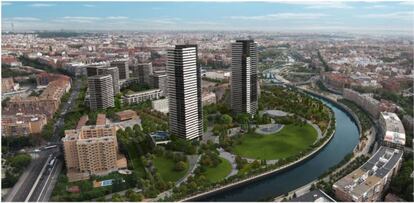 Proyección realizada por el Ayuntamiento de Madrid del ámbito junto al río Manzanares una vez concluida la reforma del plan de 2014.