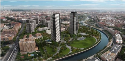 Proyección realizada por el Ayuntamiento de Madrid del ámbito junto al río Manzanares una vez concluida la reforma del plan de 2014.