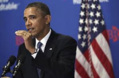 El presidente de Estados Unidos, Barack Obama, fue registrado este miércoles al dirigirse a varios miembros de la asociación Business Roundtable, en la sede de la misma, en Washington, DC (EE.UU.).