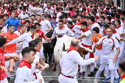 De jongemannen rennen voor de stieren uit vanaf de Fuente Ymbro-ranch.