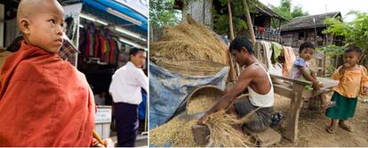 Zaw Zaw (izquierda) busca comida en las calles de Yangon. A la derecha, Sakir An Thew prepara frente a su casa paja para vender, en  Mandalay.