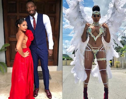 A la izquierda, Kasi Bennett y Usain Bolt. A la derecha, la novia del velocista en el carnaval de Kingston, en Jamaica.