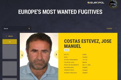 Captura de la ficha de Costas en Europol, en la web con el medio centenar de los más buscados