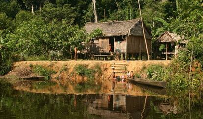 Fotografía tomada en la región de Médio Juruá, en el estado brasileño de Amazonas que muestra las viviendas de personas que están residiendo cerca de bosques, en reservas sostenibles.