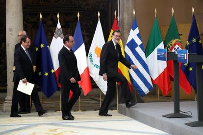Mariano Rajoy, François Hollande y Nikos Anastasiadis antes de la rueda de prensa. 