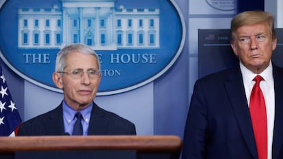 Trump observa a Anthony Fauci durante una comparecencia en abril.