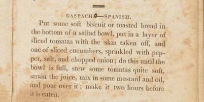 El spanish gazpacho y olé de Mary Randolph, 1824.