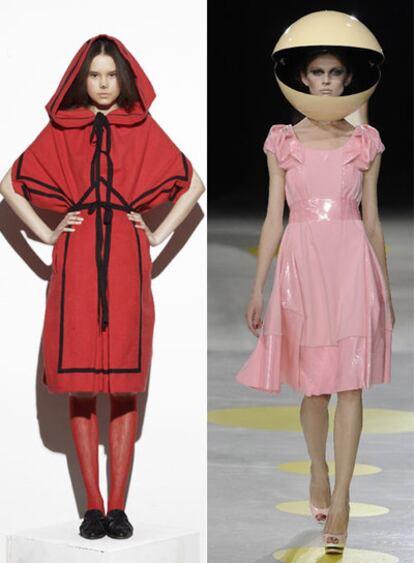 A la izquierda, vestido de Bernard Wilheim que recuerda a Caperucita Roja. A la derecha, modelo de Giles Deacon inspirado en el comecocos.