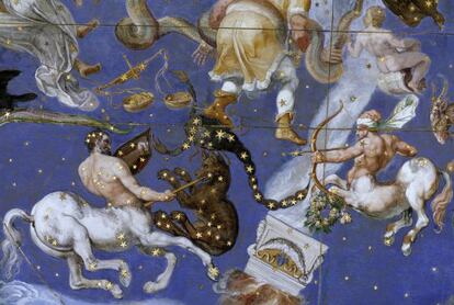 Detalle de los frescos de esferas celestes y constelaciones del Zodíaco
sobre la bóveda de la Sala del Mapamundi en el Palazzo Farnese.