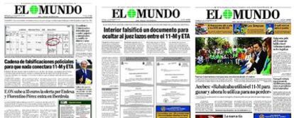 Portadas del diario <i>El Mundo,</i> que alentó e instigó la teoría de la conspiración del 11-M a la que se sumó el PP y que ahora ha sido desmontada.