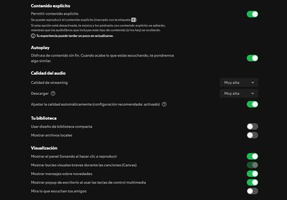 Opciones de configuración en la aplicación de Spotify para ordenador