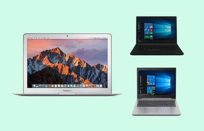 A la izquierda, Apple MacBook Air; a la derecha, arriba, el Toshiba Satellite Pro R40-D y, debajo, Lenovo Ideapad 330.