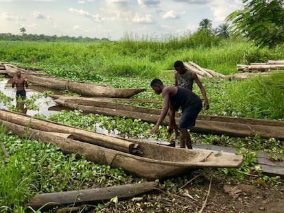 Las planchas de madera talada de forma artesanal –con hachas o pequeñas motosierras— se transportan por el río Congo y se descargan una a una, en Kisangani.