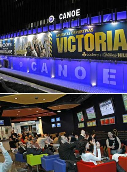 La sala Victoria, en el bingo Canoe de Madrid, donde algunos clientes (abajo) celebran haber ganado su apuesta.