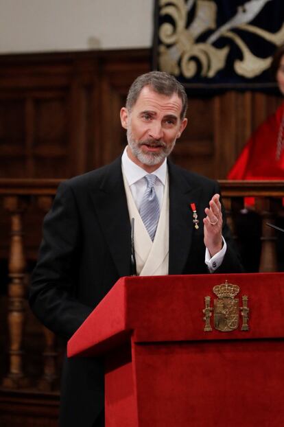 El rey Felipe durante el discurso que ha pronunciado tras hacer entrega del Premio Cervantes al escritor nicaragüense Sergio Ramírez.
