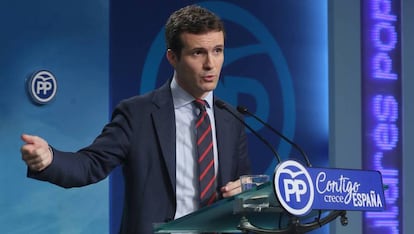 Pablo Casado at a press conference in Madrid.