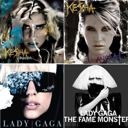 Portadas de<i> The Fame</i> y <i>The Fame Monster</i>, de Lady Gaga; y de <i>Animal</i> y <i>Cannibal</i> (filtrada en Internet), de Ke$ha.