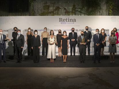 Desde la izquierda, en primera fila, Alfonso Bernabé (Reciclalia); Yann Remirez (Técnicas Reunidas); Diana Morant, ministra de Ciencia e Innovación; Julieta Maresca (Repsol); la reina Letizia; Albert Cuatrecasas (Cellnex); Joseph Oughourlian, presidente de PRISA; Silvia Lazcano (Airbus). En segunda fila, Jaime García Cantero, director de Retina; Begoña Gómez (Universidad Complutense); Sara Aagesen, secretaria de Estado de Energía; Pepa Bueno, directora de EL PAÍS; Luis Abad (Capgemini); Dimitris Bountolos (Ferrovial); Cristina Rivero (CEOE); Lara de Mesa (Santander); y Laurent Perea (Capgemini Invent).ANDREA COMAS