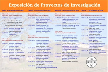 Planificación de las sesiones de la semana de exposiciones de proyectos de investigación, donde se facilitan las url de acceso y participación online |