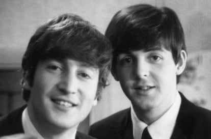 John Lennon and Paul McCartney pose for The Beatles’ Christmas show in London in 1963.

