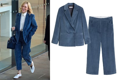 Cate Blanchett con traje de pana de Mango (la chaqueta cuesta 59,99 euros y el pantalón, 39,99).