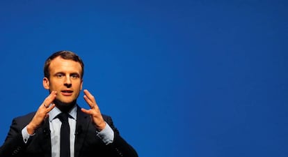 Emmanuel Macron, candidato a presidente da França, durante comício nos arredores de Bordeaux.